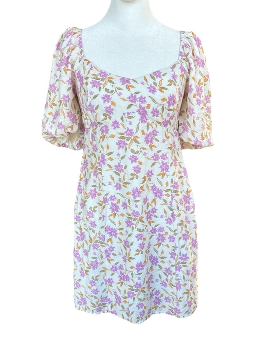 Z Supply Floral Print Puff Sleeve Milkmaid Dress White/Purple S